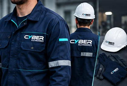 Uniforme, capacete e luvas com a marca Cyber Elevadores
